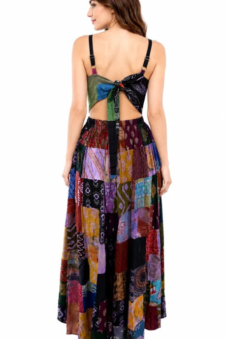 Handmade Patchwork Lace-Up Maxi Dress in Purple