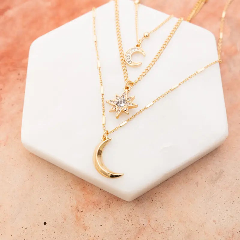 Celestial Layered Necklace with Moon and Star Charms in Gold