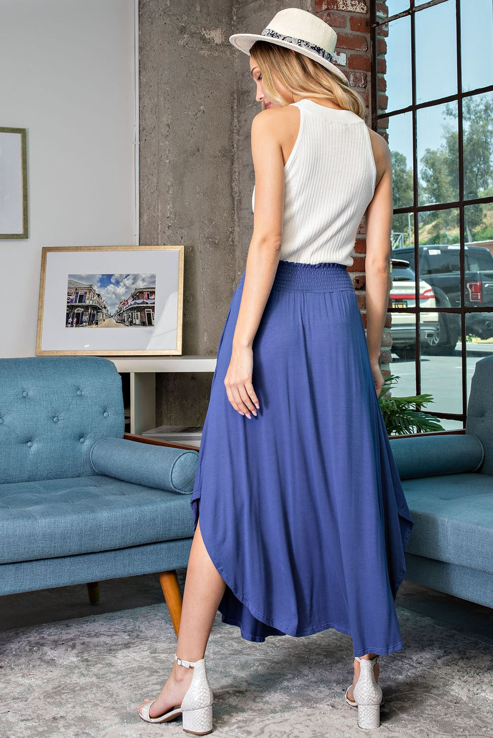 Smocked Maxi Skirt in Denim Blue