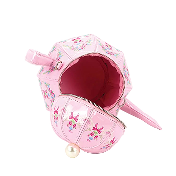 Vintage Pink Floral Teapot Handbag with Pearl Bead Strap