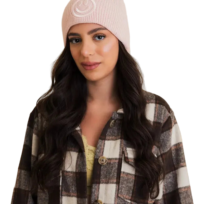 Embroidered Smiley Face Beanie in Blush Pink