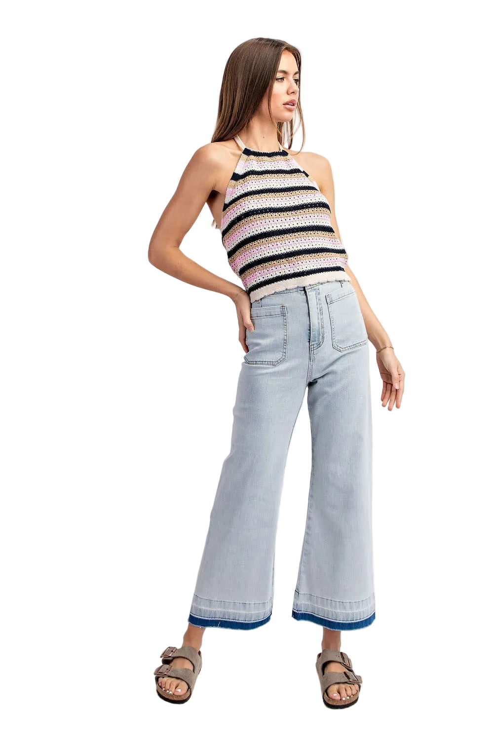 Striped Open Knit Crochet Halter top in Navy and Pink