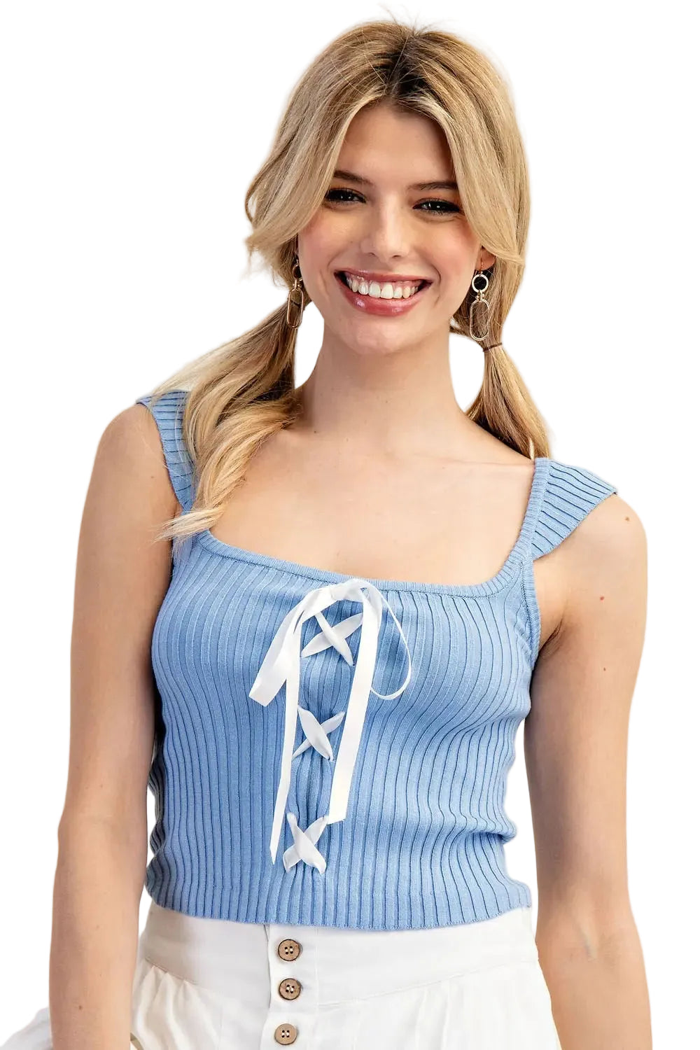 Ribbed Knit Lace Up Tank Top in Light Blue