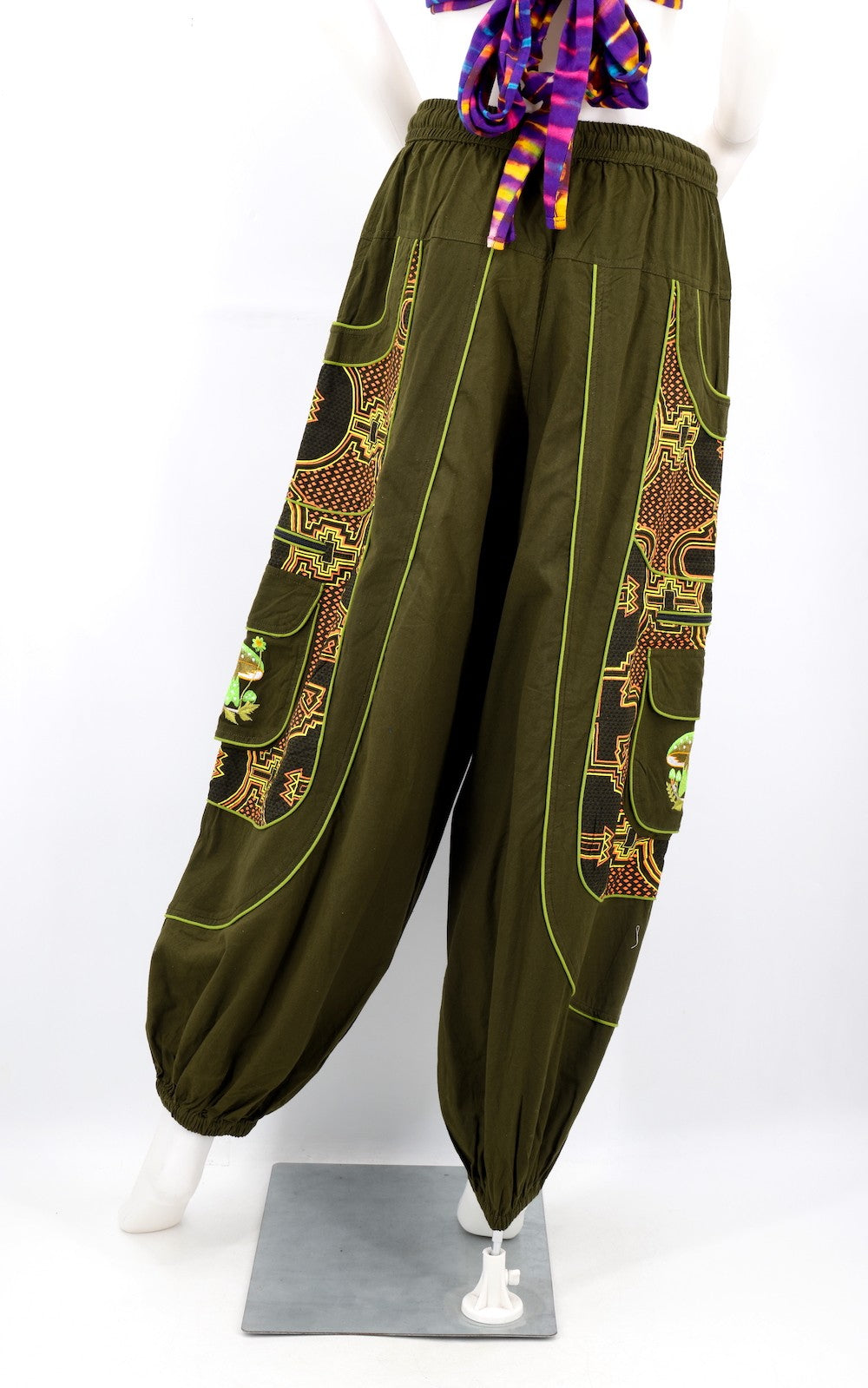 Geometric Tribal Harem Cargo Pants with Mushroom Embroidery