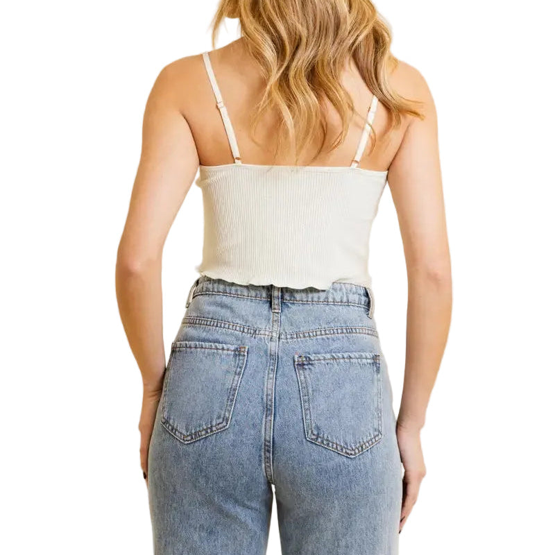 Daisy Embroidered Ribbed Lettuce Edge Brami in Ivory