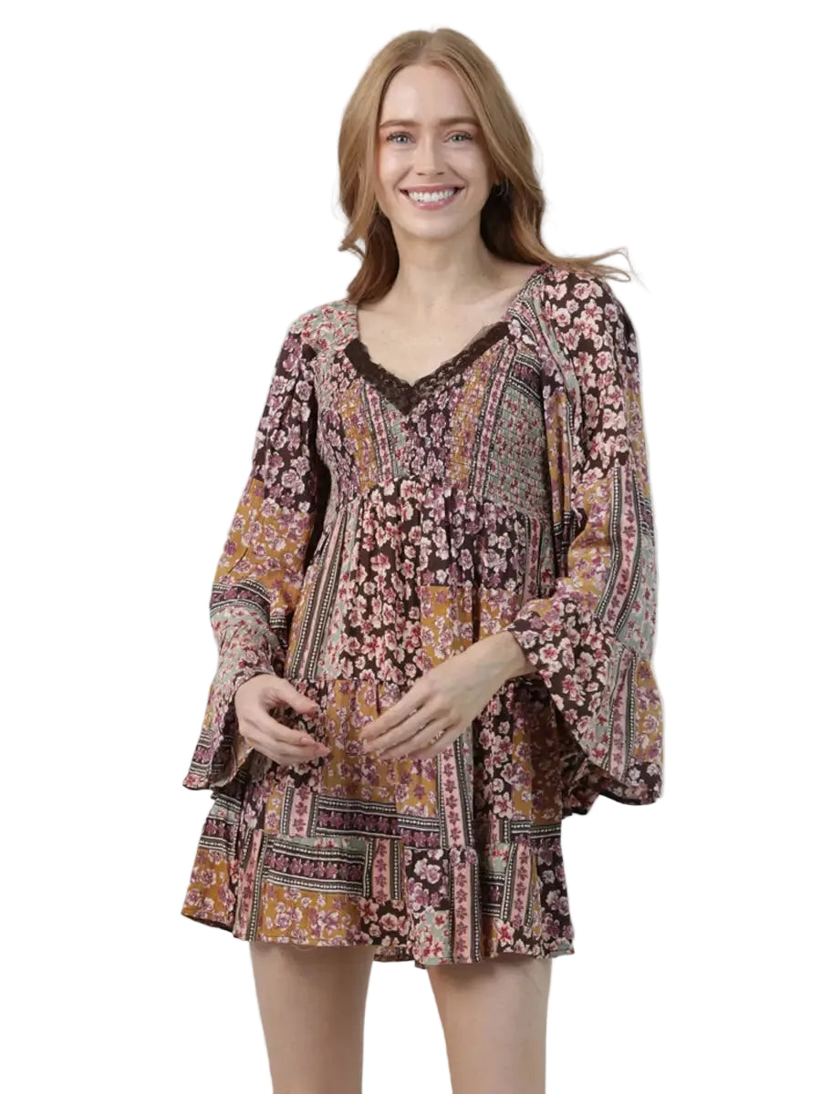 Patchwork Floral Lace-Trim Mini Dress in Brown