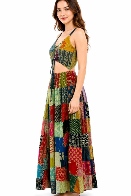 patchwork maxi dress Handmade Lace-Up in Green L/XL Color:Burdungy Straps Orange V-Neck Sequin color patchwork is the date night glam