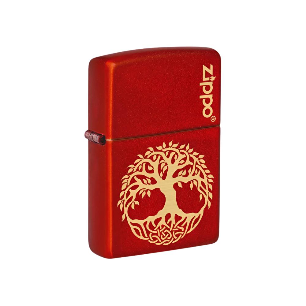Zippo Lighter Engraved Tree Of Life Metallic Red