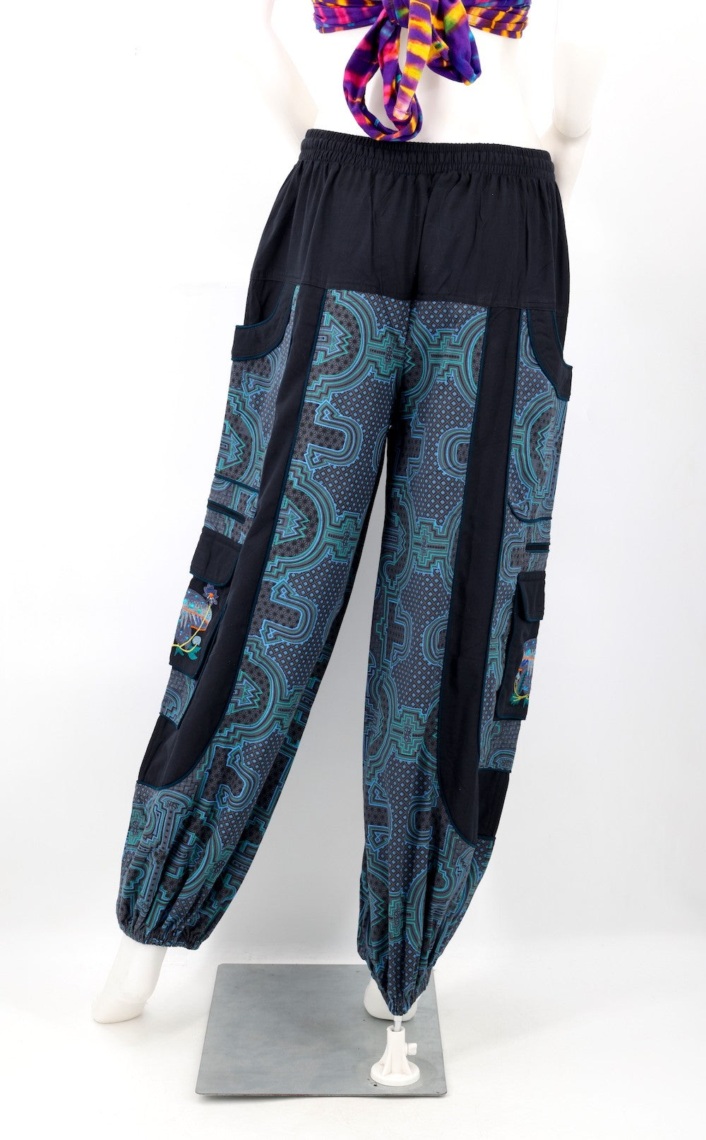 Geometric Tile Print Harem Cargo Pants with Mushroom Embroidery in Blue