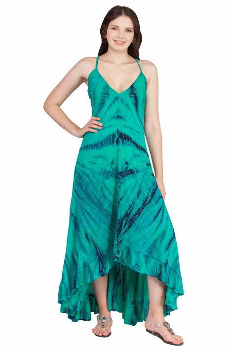 Tie Dyed Halter Dress with Hi Low in Green Tie Dyed Halter Dress with Hi Low in Green