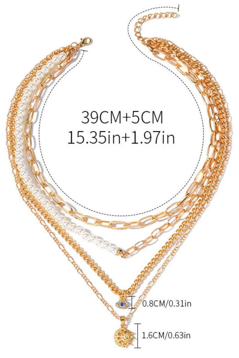 Gold Celestial Layered Necklace with Pearl Accents, Evil Eye & Sun Moon Pendants
