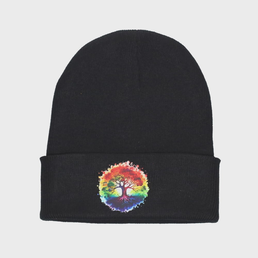 Rainbow Tree of Life Black Beanie – Sunshine Daydream