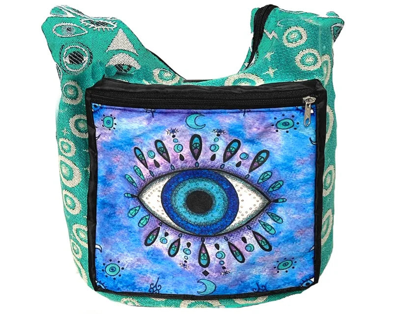 Evil Eye Graphic Ecuadorian Boho Messenger Bag with Front Pocket