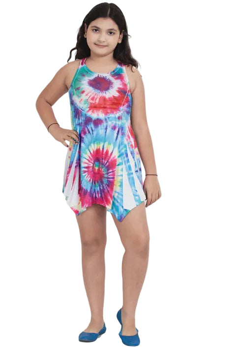 Kids Lace Back Tie Dye Digital Print Dress