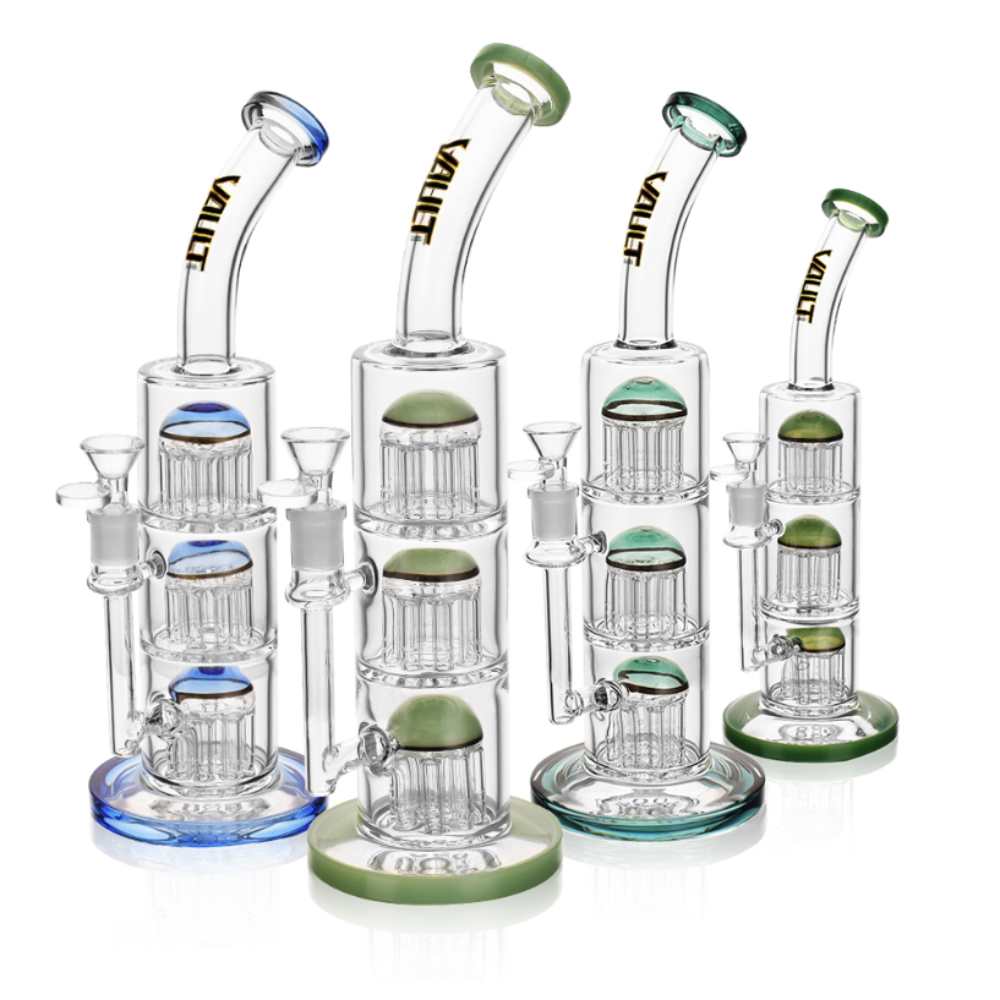 Vault Glass Clear with Color Rims & Dome 3 Tree Perc Water Pipe - 12.5"