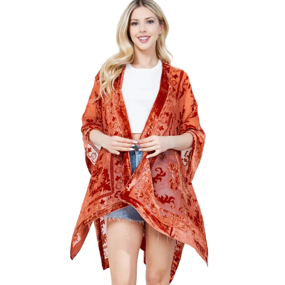 Bohemian Burnout Velvet Kimono in Rust