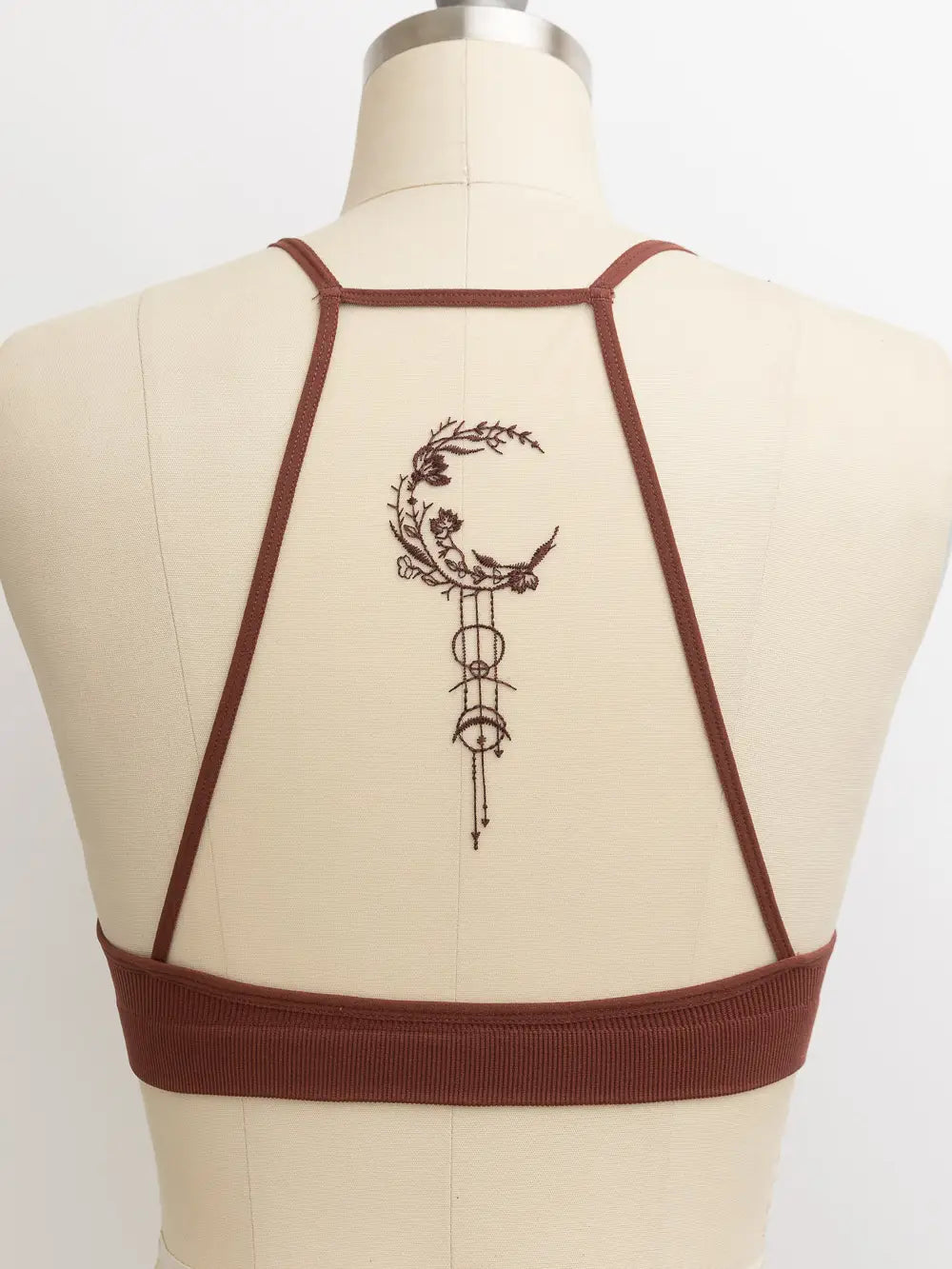 Celestial Embroidered Crescent Moon Sheer Mesh Back Bralette in Brown
