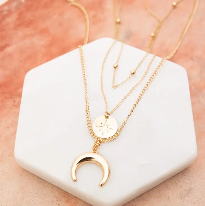 Golden Crescent & Starburst Triple-Layered Necklace