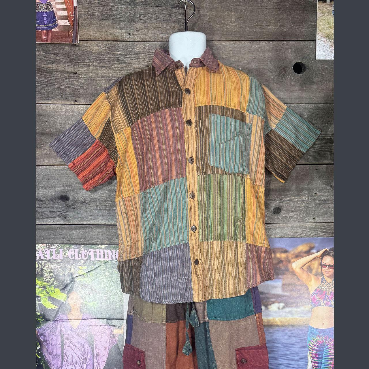Jasper Nepali Striped Patchwork Over Dyed Button Up in Rust