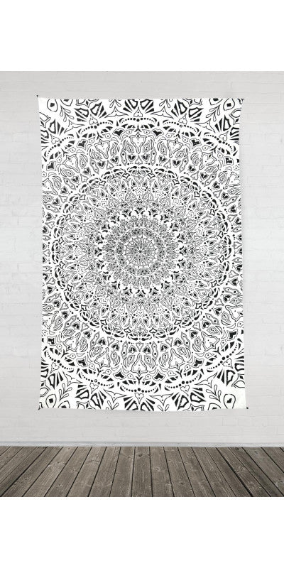 Zest for Life Tropical Mandala Tapestry in Black and White