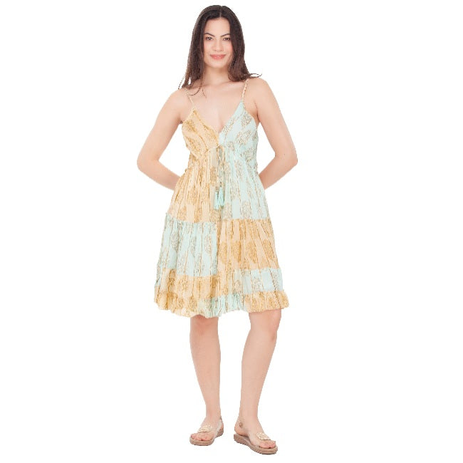 Tiered Gold Foil Sundress in Turquoise