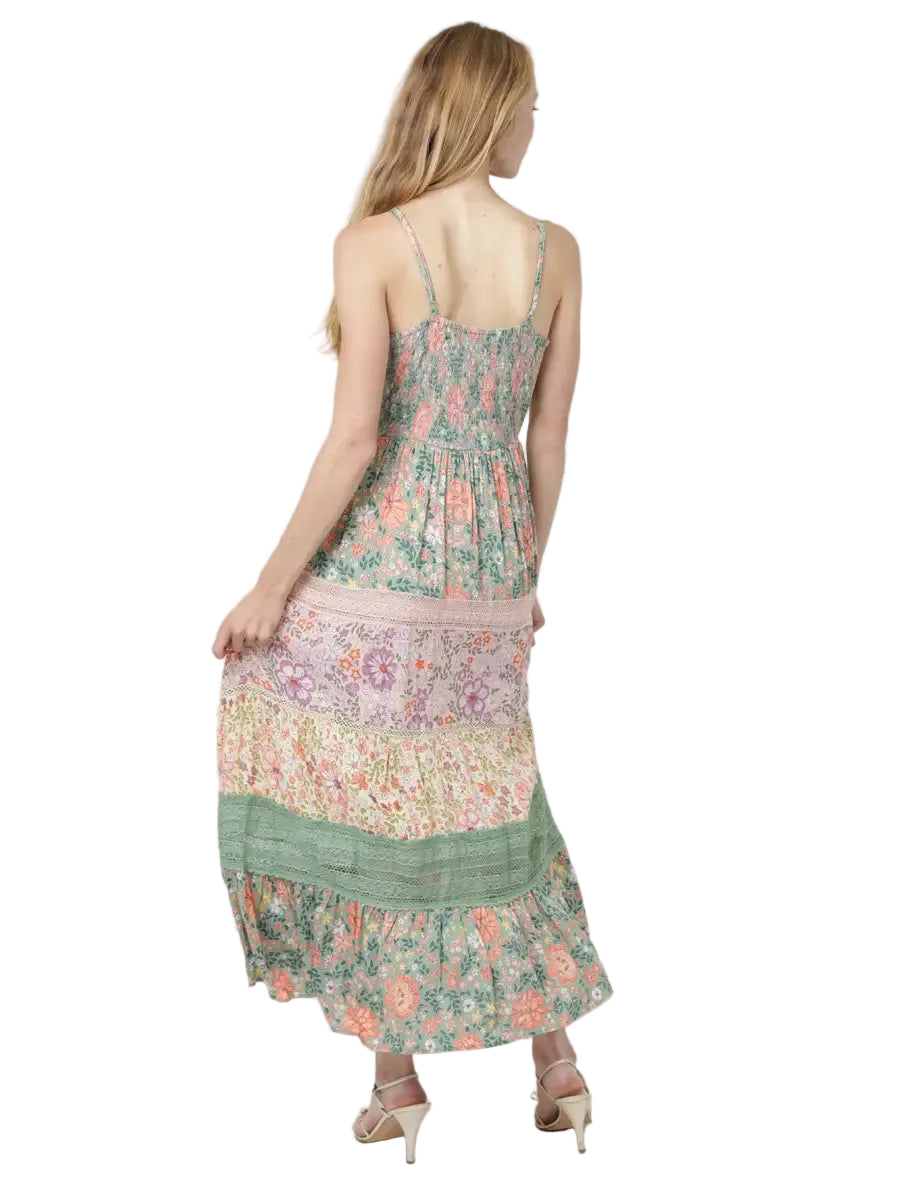 Mixed Print Lace Trim Twist-Front Maxi Dress