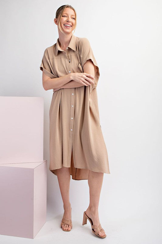 Short Sleeve Button Down Midi Dress in Taupe SALE – Sunshine Daydream
