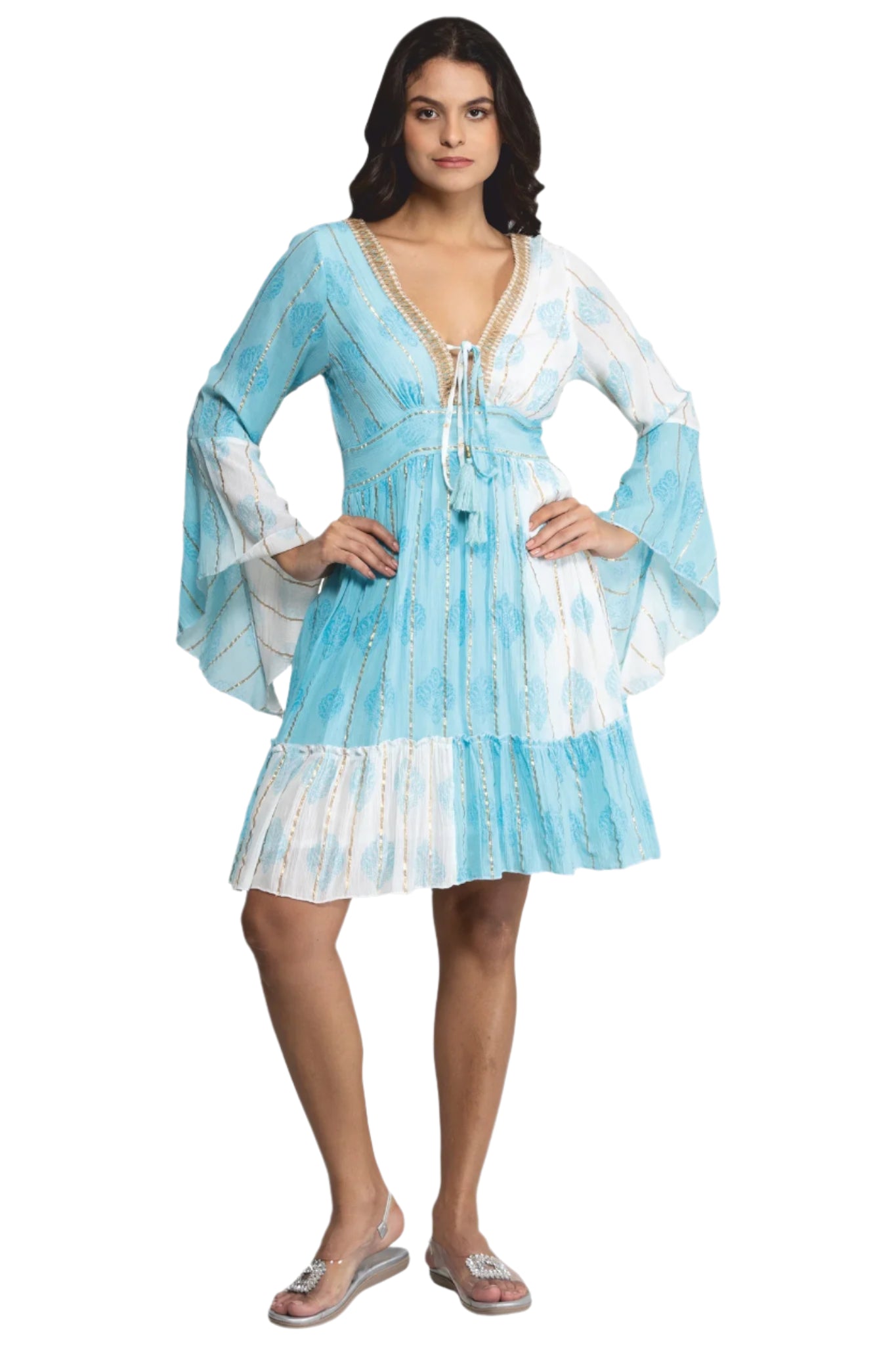 bohemian mini dress Bohemian Ruffle Tiered Mini Dress with Bell Sleeves