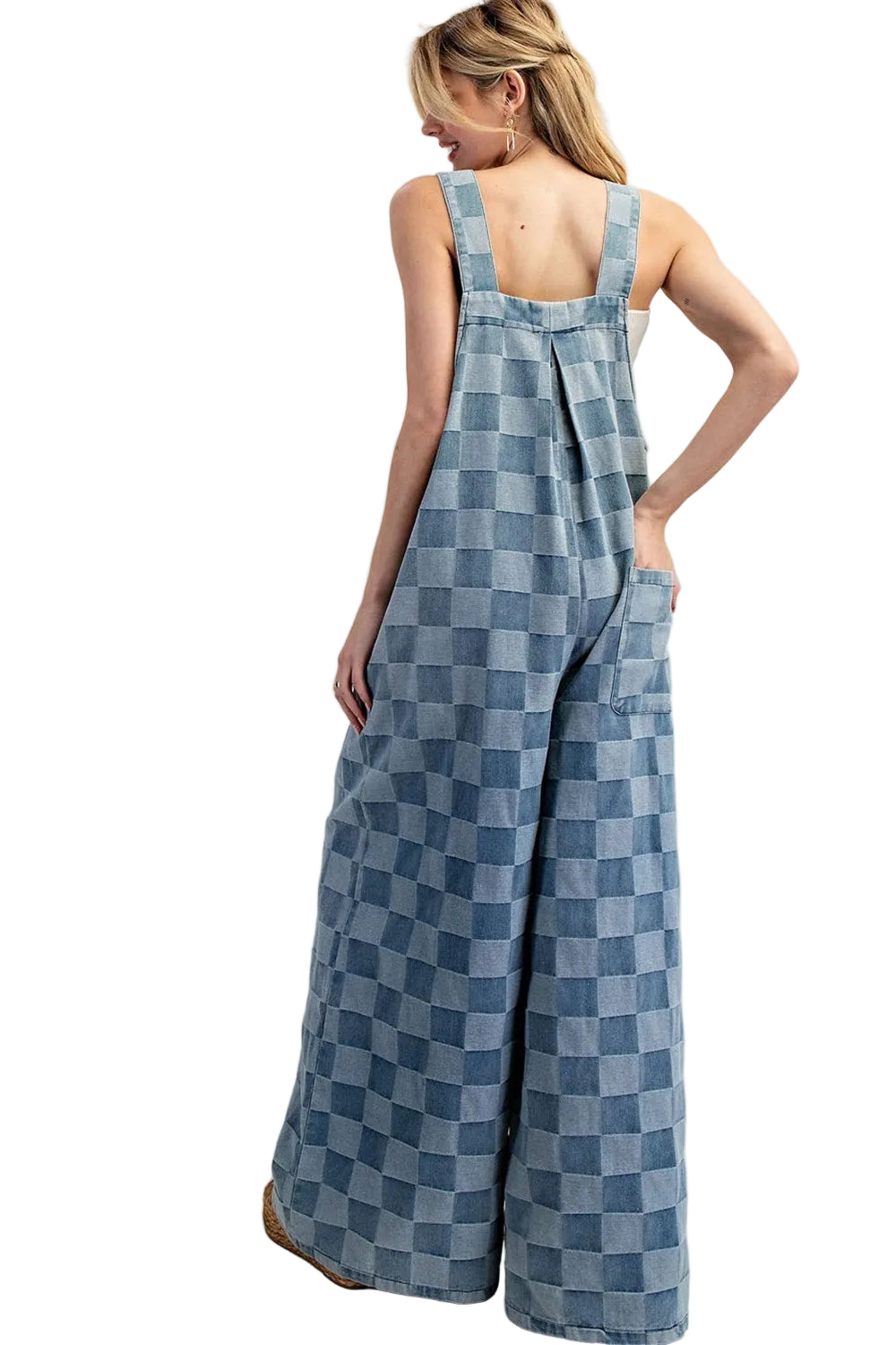 Mineral Washed Checker Print Wide Leg Overalls