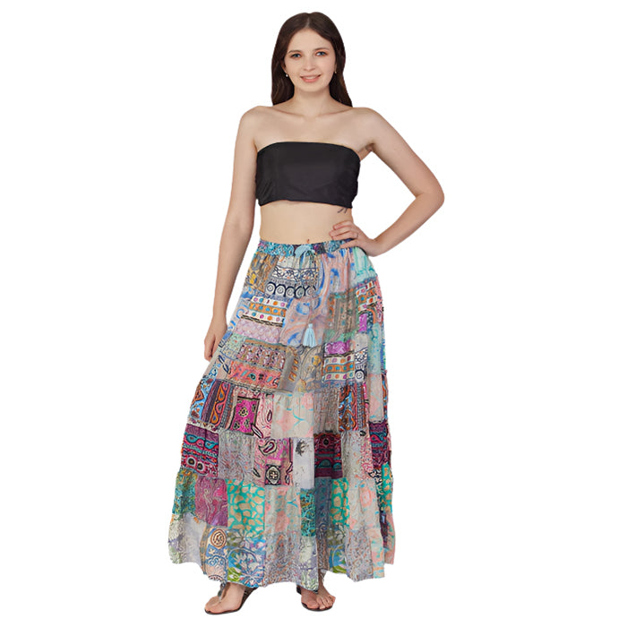 Sari Print Patchwork Skirt with Elastic Waist