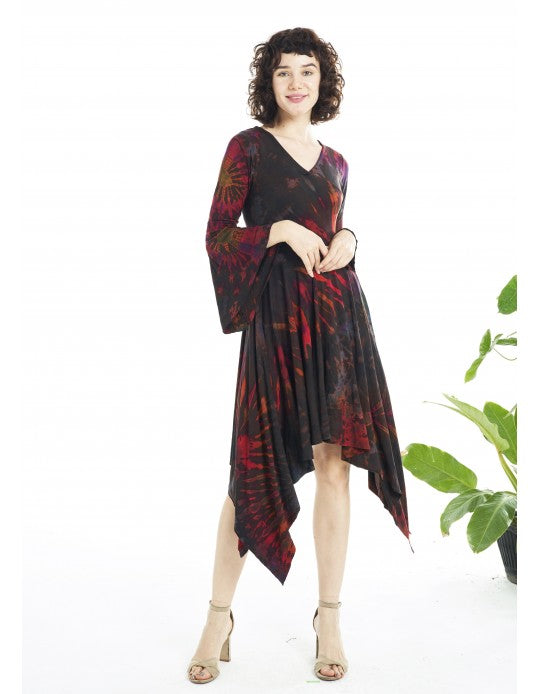 Tie Dye Bell Sleeve Asymmetric Midi Dress - Brown Tie Dye Bell Sleeve Asymmetric Midi Dress - Brown