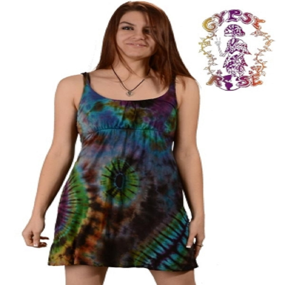 Brain Escape Tie Die Spandex Blend Short Sundress With Braid Straps