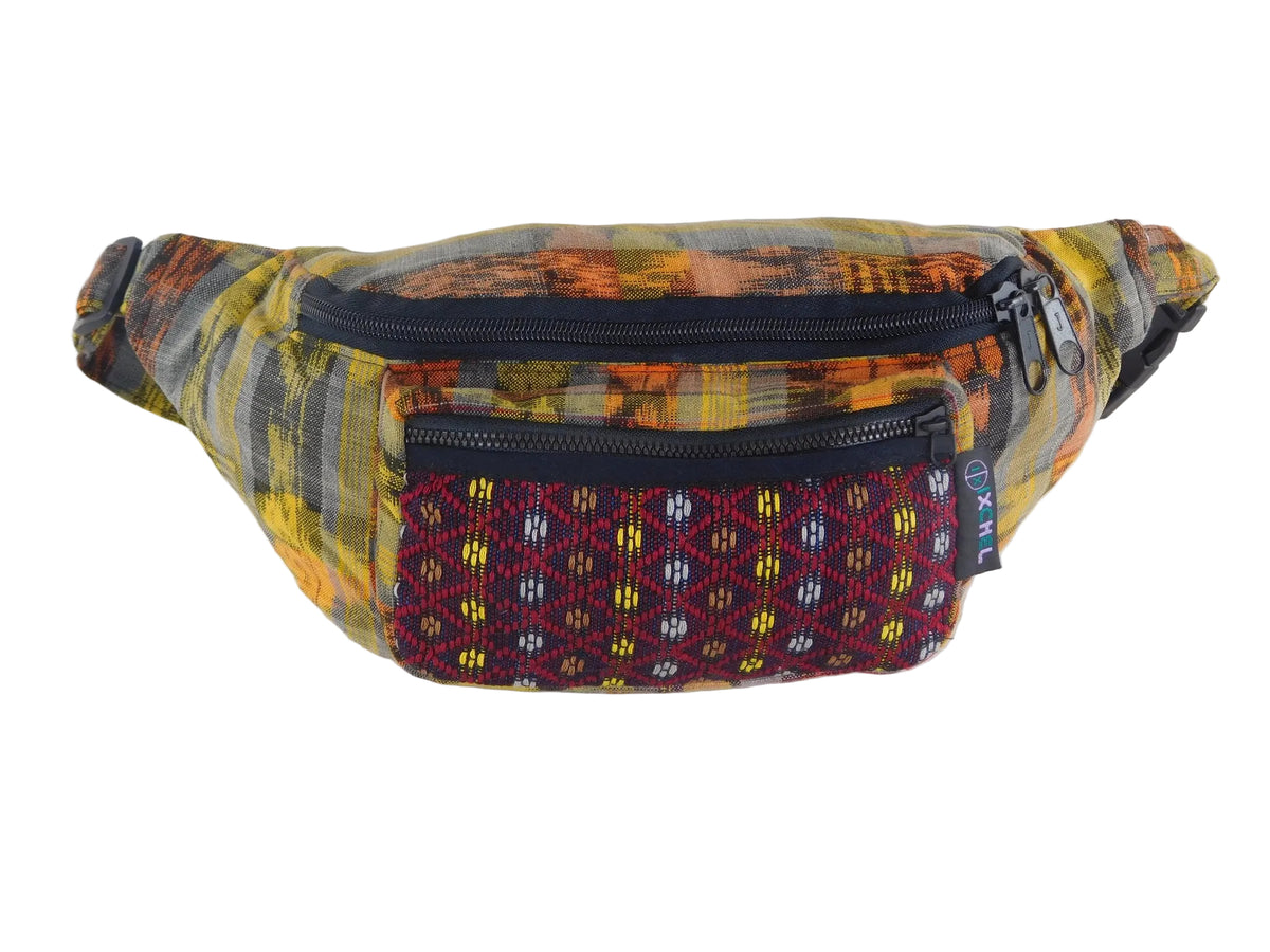 Ixchel Hand Woven Cotton Fanny pack with Three Pockets & Brocade Accents