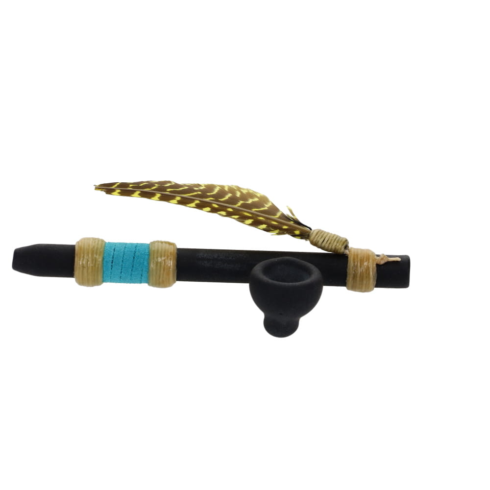 Owls Feather Glass Small Black Peace Pipe with Yellow Spot Feather