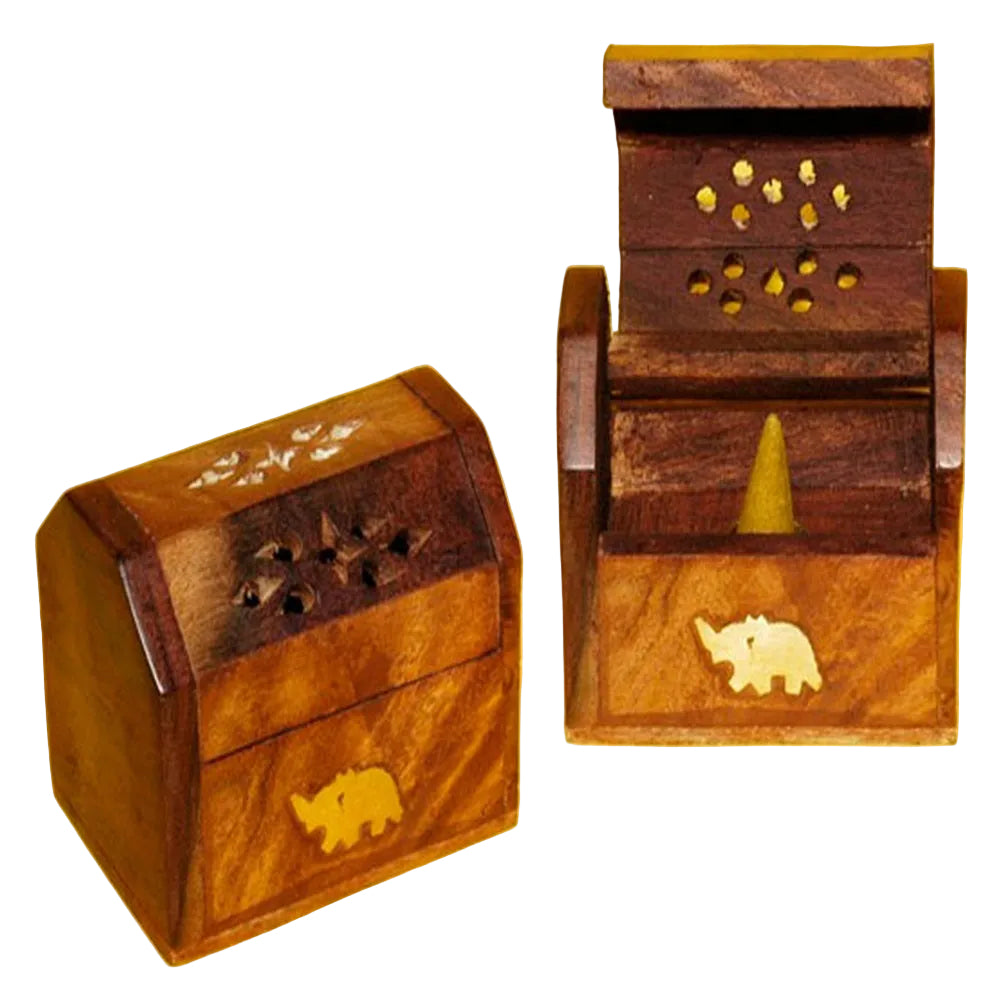 Wood Coffin Box Cone Incense Burner - Elephant 3"