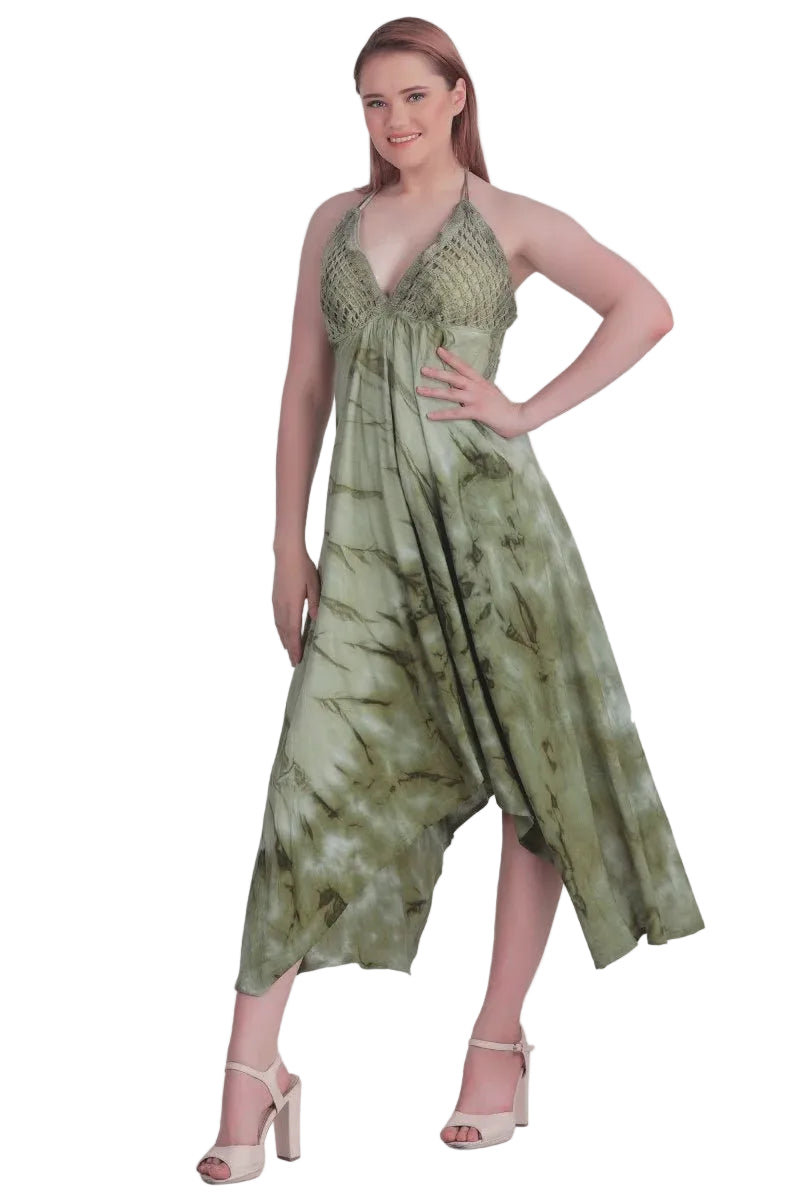 Crotched Halter Top Dress in Olive Green Tie Dye