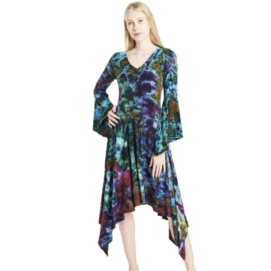 Tie Dye Bell Sleeve Asymmetric Midi Dress - Blue