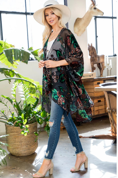 Forest Floral Burnout Velvet Kimono