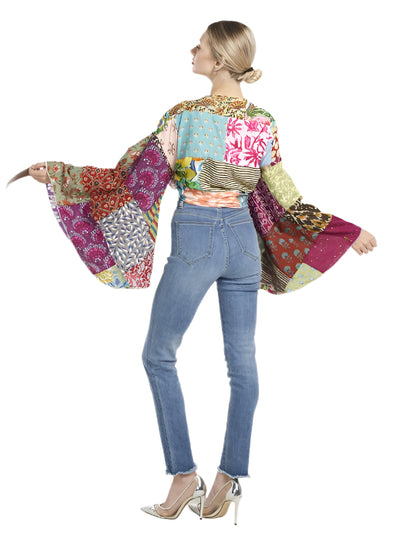 Patchwork Bell Sleeve Top with Front Tie