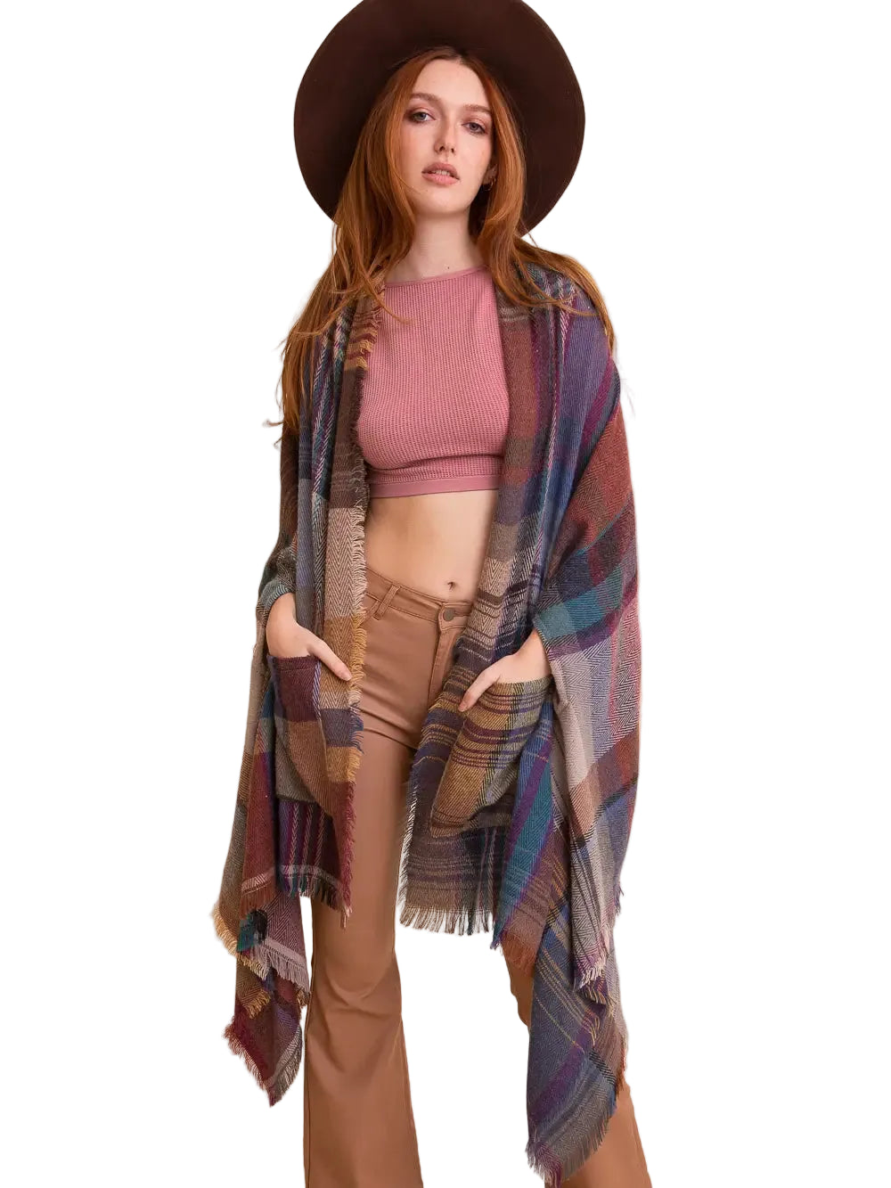 Plaid Fringe Shawl Wrap with Pockets in Camel