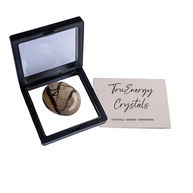 Open black display case with a marbled stone and a 'Tru Energy Crystals' card on a white background