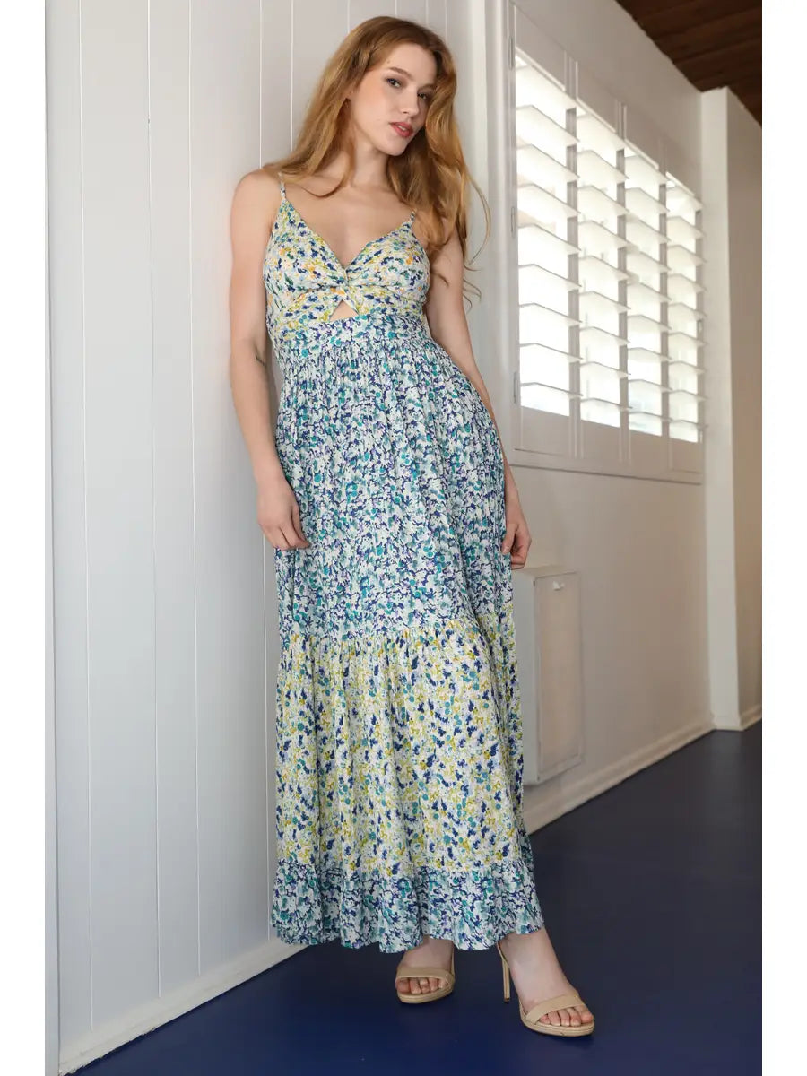Azure Mixed Print Twist Front Cut Out Maxi Dress