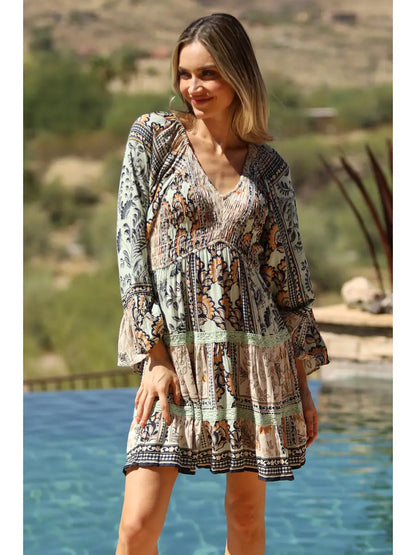 Boho Smocked V-Neck Bell Sleeve Mini Dress with Crochet Lace Trim