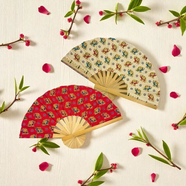 Wood and Assorted Elephant Printed Fabric Fan