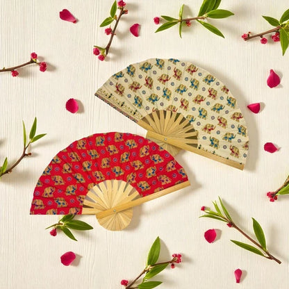 Wood and Assorted Elephant Printed Fabric Fan