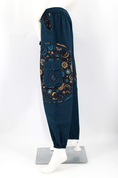 Celestial Sun & Hamsa Cargo Joggers in Teal