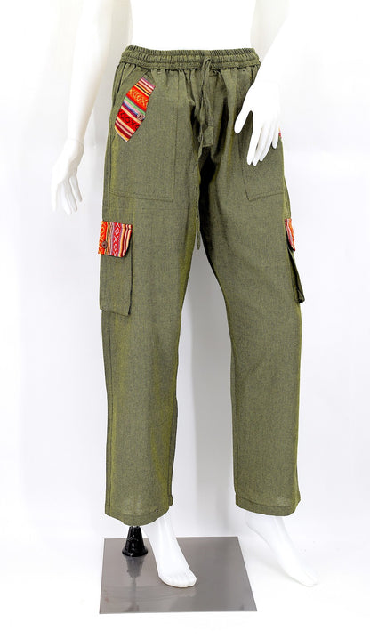 Green Boho Cargo Pants with Gheri Accents and Pockets