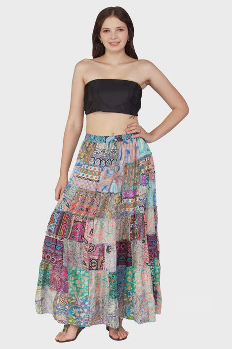 Sari Print Patchwork Skirt with Elastic Waist