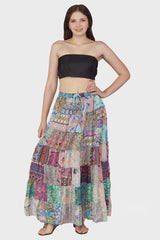 Sari Print Patchwork Skirt with Elastic Waist