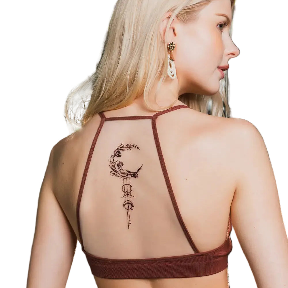 Celestial Embroidered Crescent Moon Sheer Mesh Back Bralette in Brown